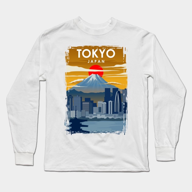 Japan Tokyo Mount Fuji Cityscape Vintage Minimal Travel Poster Long Sleeve T-Shirt by jornvanhezik